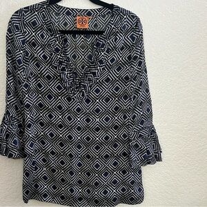 Tory Burch Silk Blend Boho Tunic Blouse | Size 4 | Navy Geometric Print